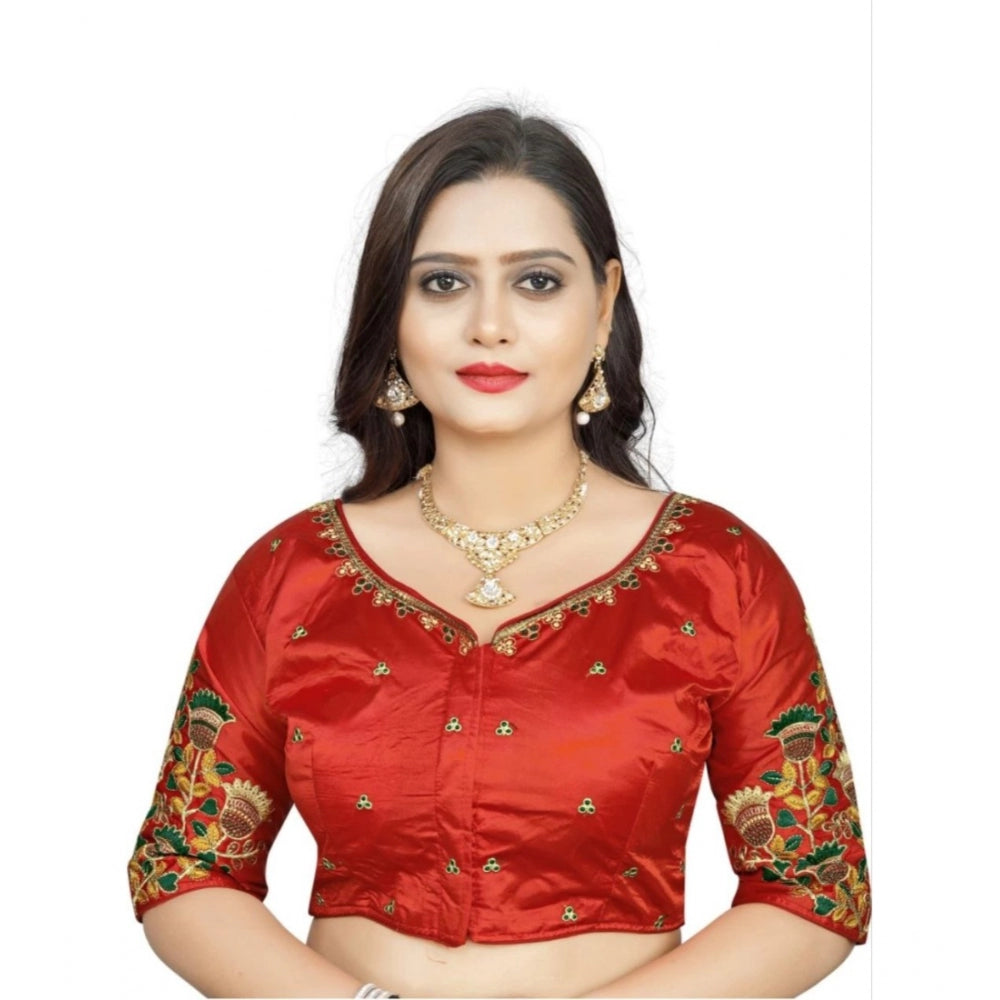 Clasymist Women's Malai Silk Floral Readymade Blouse (Red, Size: Free Size)