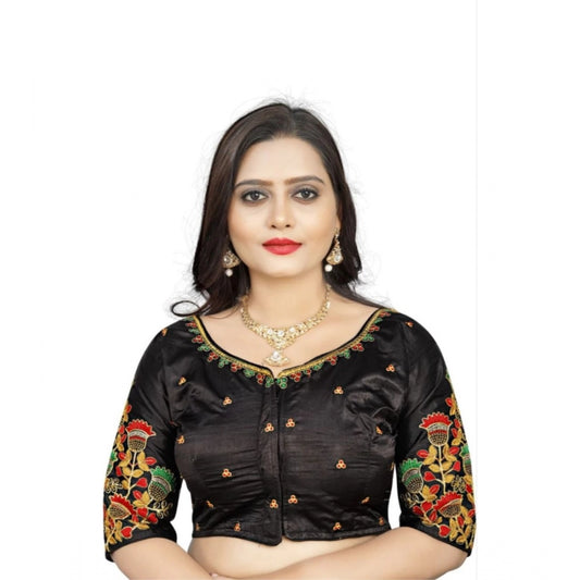 Clasymist Women's Malai Silk Floral Readymade Blouse (Black, Size: Free Size)