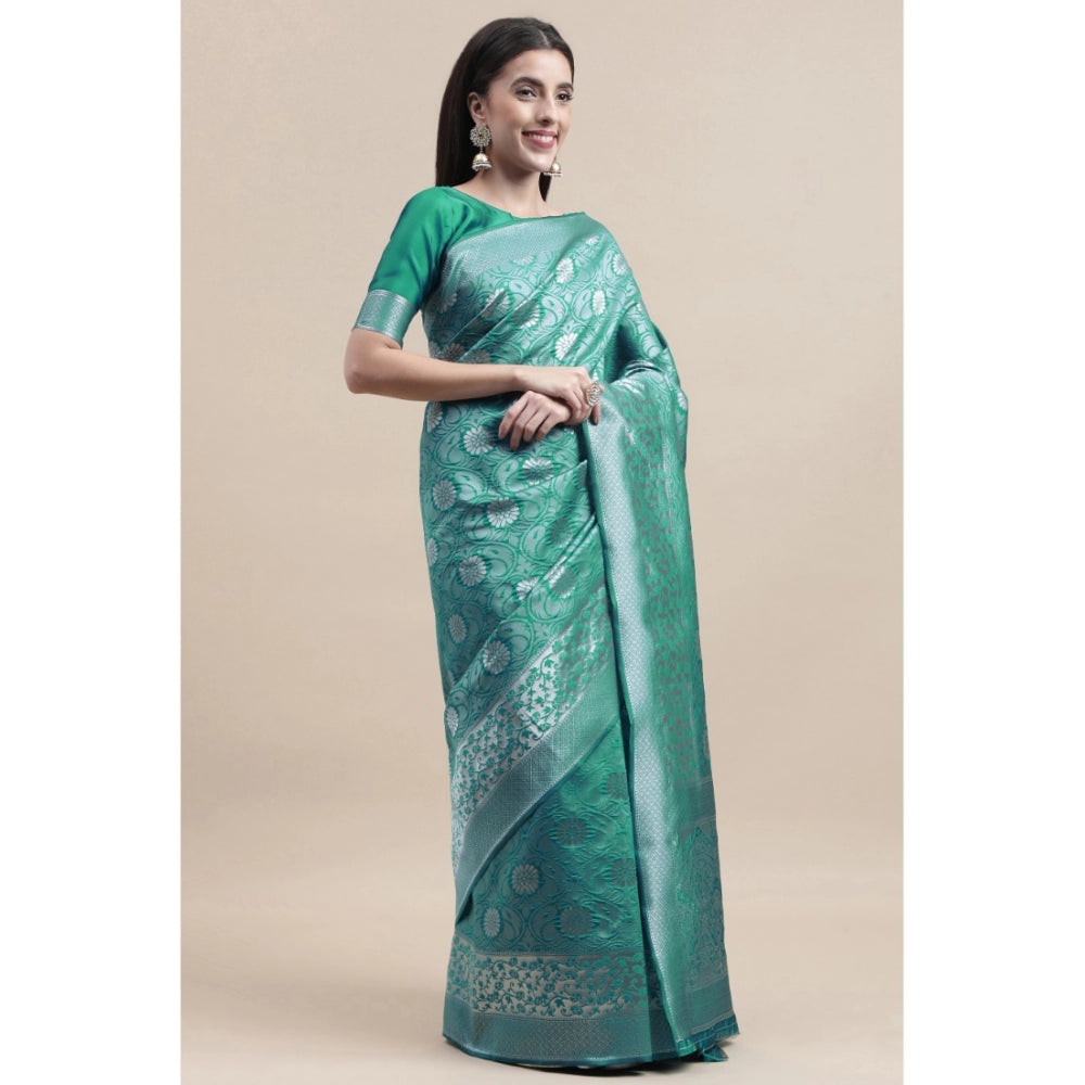 Clasymist Women's Kanjivaram Silk Designer Silver Weaving Saree With Unstitched Blouse (Green, 5.50 Mtrs)