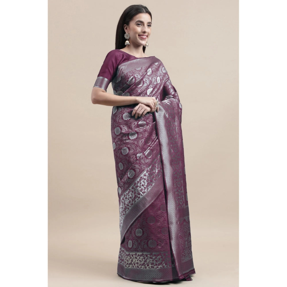 Clasymist Women's Kanjivaram Silk Designer Silver Weaving Saree With Unstitched Blouse (Purple, 5.50 Mtrs)