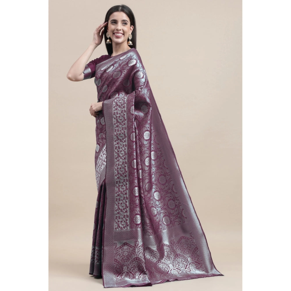 Clasymist Women's Kanjivaram Silk Designer Silver Weaving Saree With Unstitched Blouse (Purple, 5.50 Mtrs)