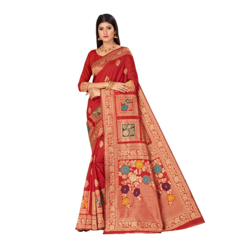 Clasymist Women's Banarasi Silk Designer Weaving Saree With Unstitched Blouse (Red, 5.50 Mtrs)