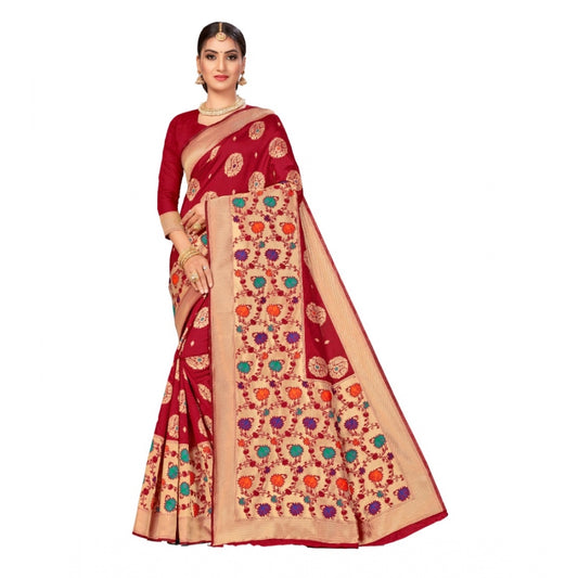 Clasymist Women's Banarasi Silk Designer Weaving Saree With Unstitched Blouse (Maroon, 5.50 Mtrs)