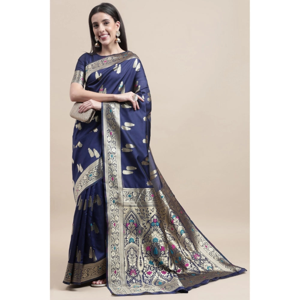 Clasymist Women's Kanjivaram Silk Designer Weaving Saree With Unstitched Blouse (Blue, 5.50 Mtrs)