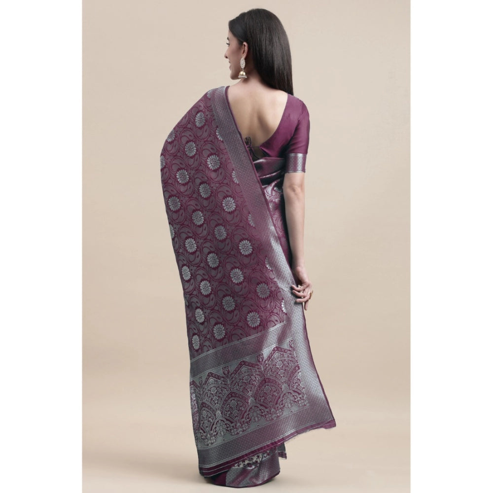 Clasymist Women's Kanjivaram Silk Designer Silver Weaving Saree With Unstitched Blouse (Purple, 5.50 Mtrs)