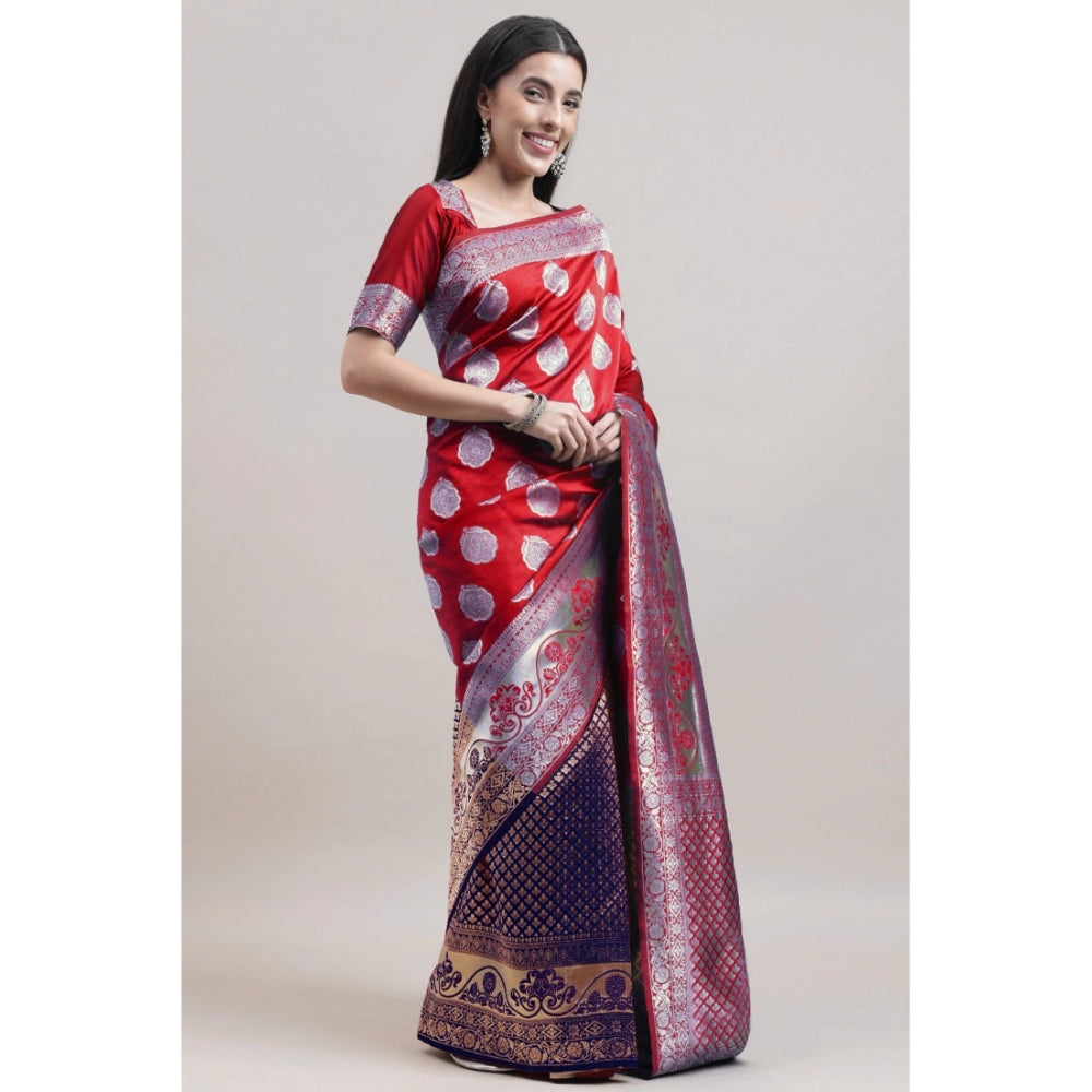 Clasymist Women's Kanjivaram Silk Designer Weaving Saree With Unstitched Blouse (Red &amp; Blue, 5.50 Mtrs)