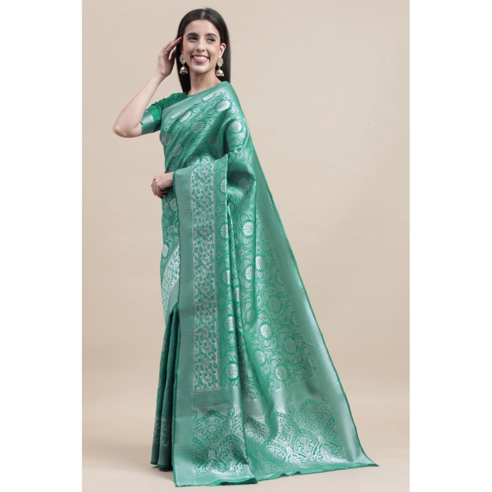 Clasymist Women's Kanjivaram Silk Designer Silver Weaving Saree With Unstitched Blouse (Green, 5.50 Mtrs)