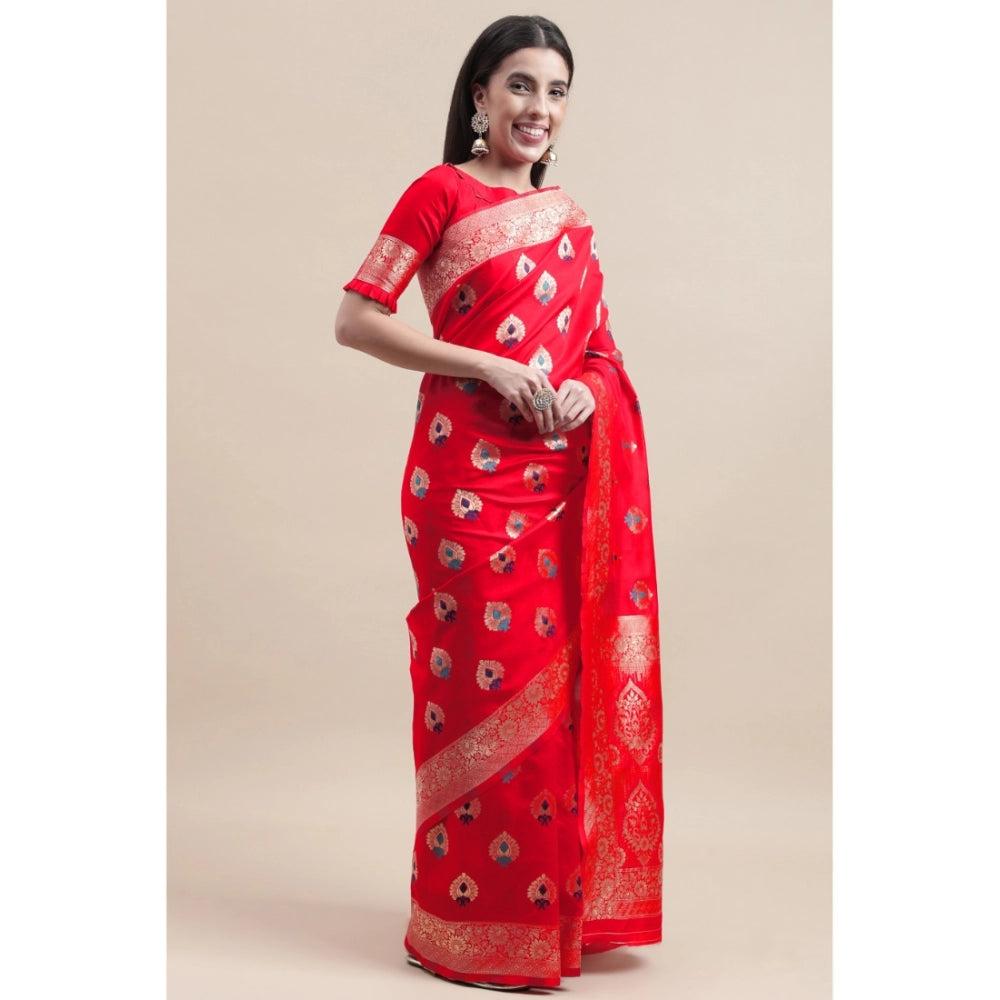 Clasymist Women's Kanjivaram Silk Designer Weaving Saree With Unstitched Blouse (Red, 5.50 Mtrs)