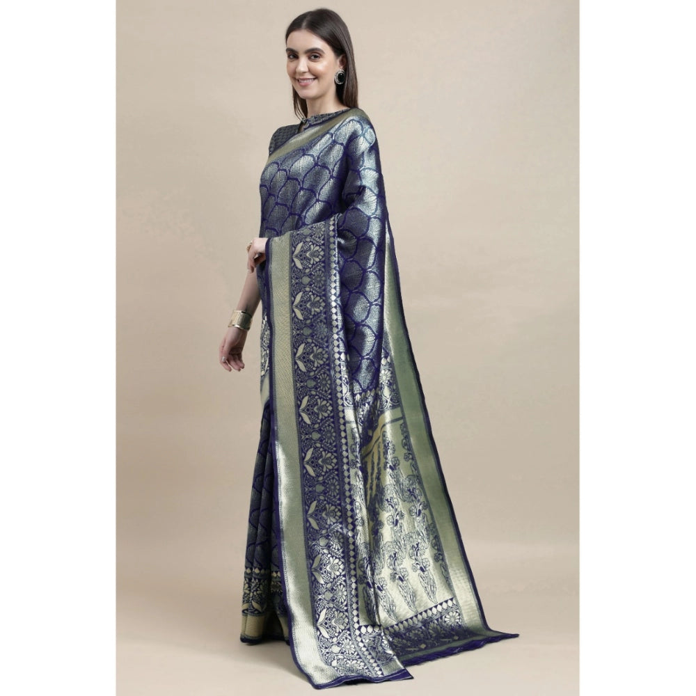 Clasymist Women's Banarasi Silk Designer Weaving Saree With Unstitched Blouse (Blue, 5.50 Mtrs)