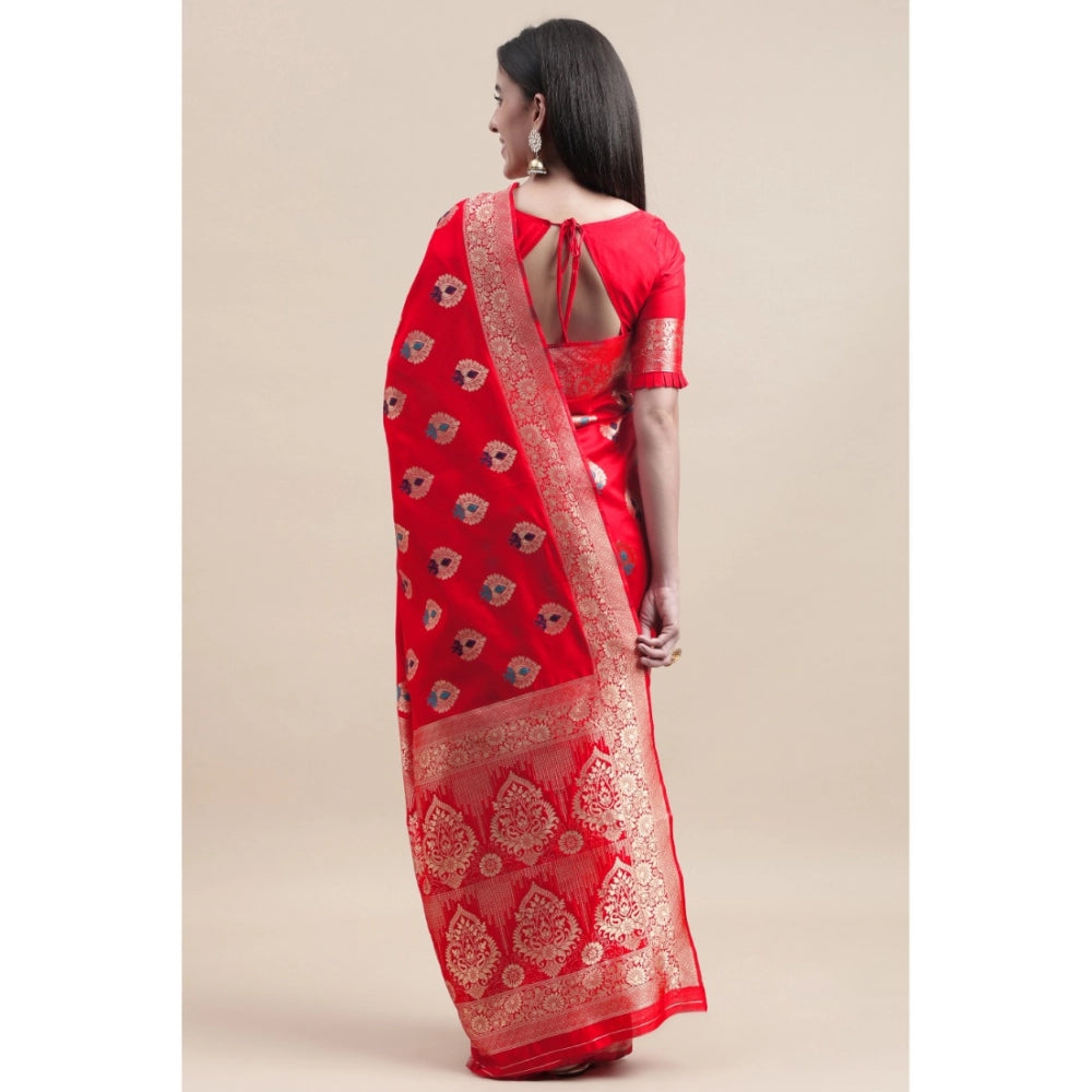 Clasymist Women's Kanjivaram Silk Designer Weaving Saree With Unstitched Blouse (Red, 5.50 Mtrs)