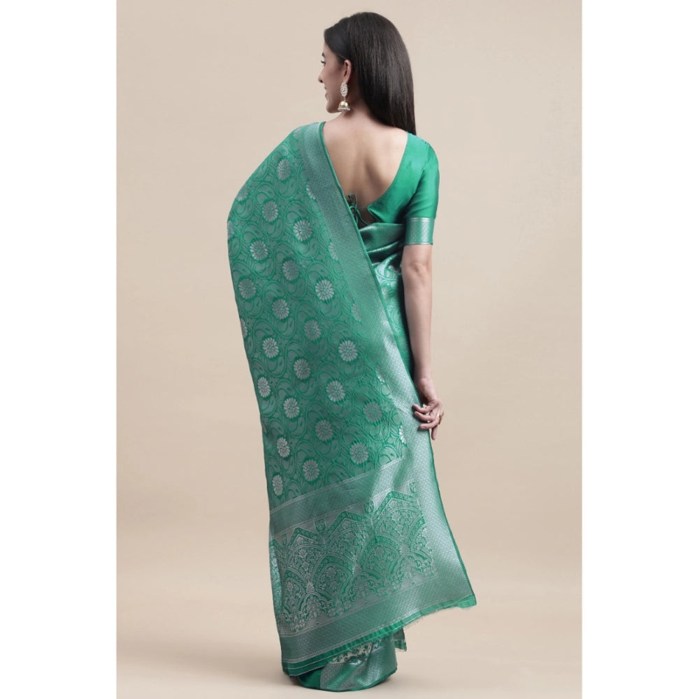 Clasymist Women's Kanjivaram Silk Designer Silver Weaving Saree With Unstitched Blouse (Green, 5.50 Mtrs)