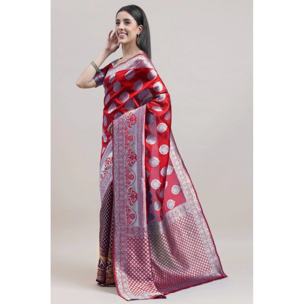 Clasymist Women's Kanjivaram Silk Designer Weaving Saree With Unstitched Blouse (Red &amp; Blue, 5.50 Mtrs)