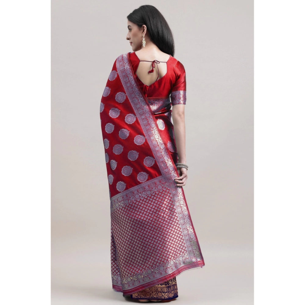 Clasymist Women's Kanjivaram Silk Designer Weaving Saree With Unstitched Blouse (Red &amp; Blue, 5.50 Mtrs)