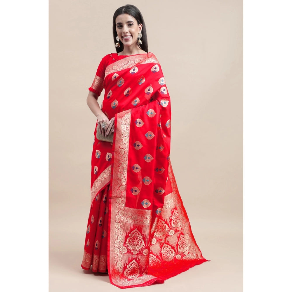 Clasymist Women's Kanjivaram Silk Designer Weaving Saree With Unstitched Blouse (Red, 5.50 Mtrs)