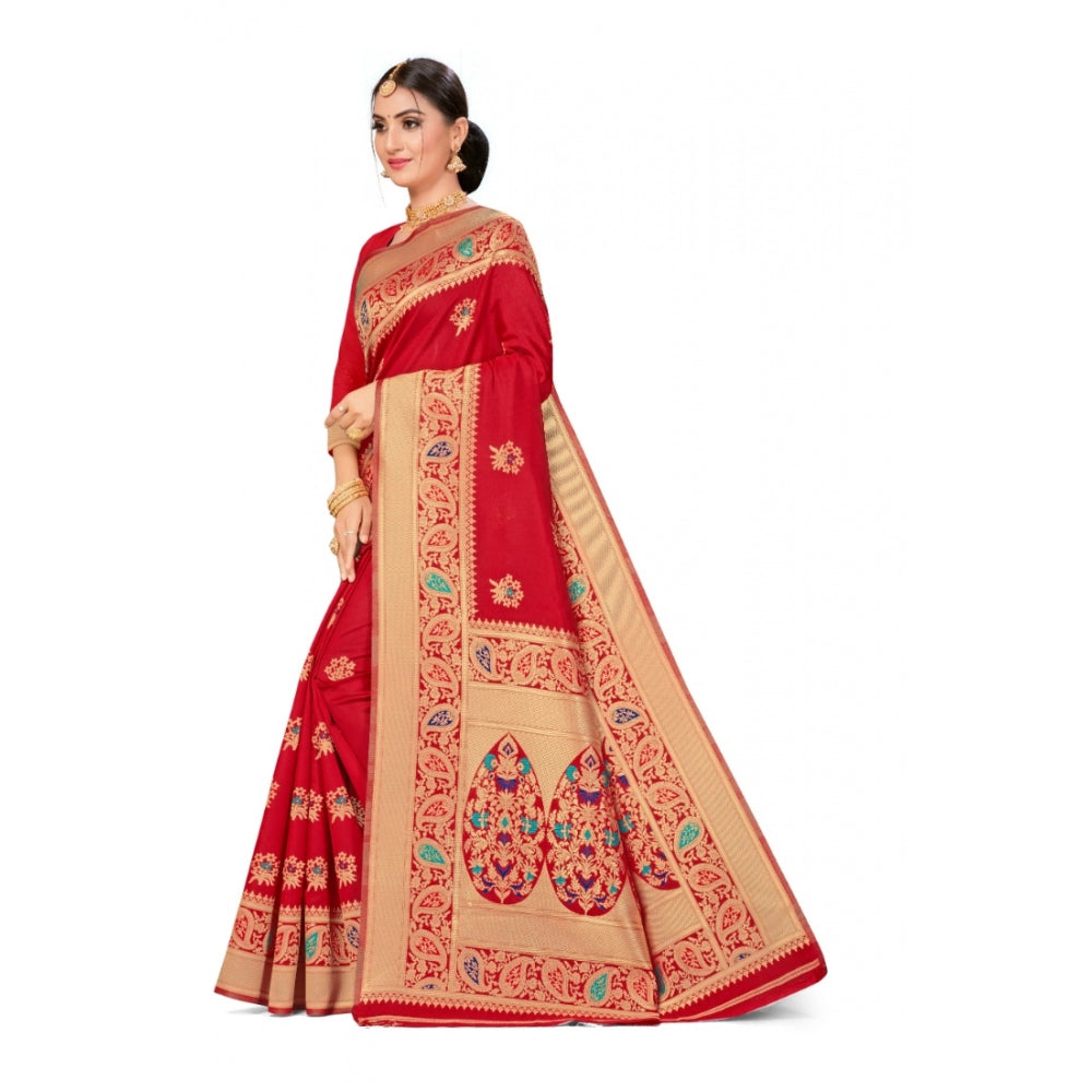 Clasymist Women's Banarasi Silk Designer Weaving Saree With Unstitched Blouse (Red, 5.50 Mtrs)