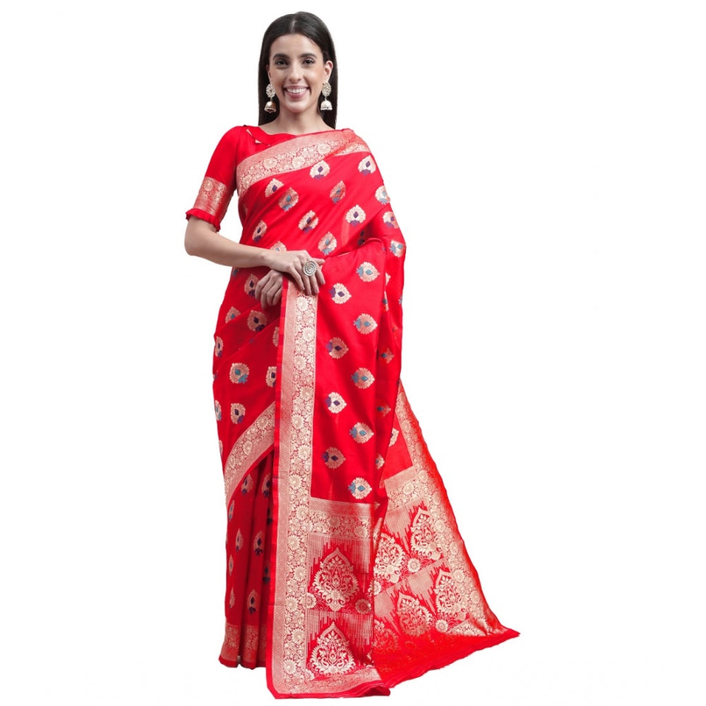 Clasymist Women's Kanjivaram Silk Designer Weaving Saree With Unstitched Blouse (Red, 5.50 Mtrs)