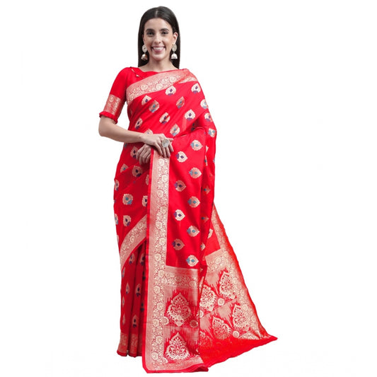 Clasymist Women's Kanjivaram Silk Designer Weaving Saree With Unstitched Blouse (Red, 5.50 Mtrs)