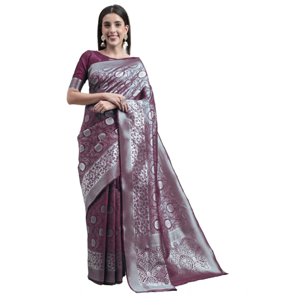 Clasymist Women's Kanjivaram Silk Designer Silver Weaving Saree With Unstitched Blouse (Purple, 5.50 Mtrs)