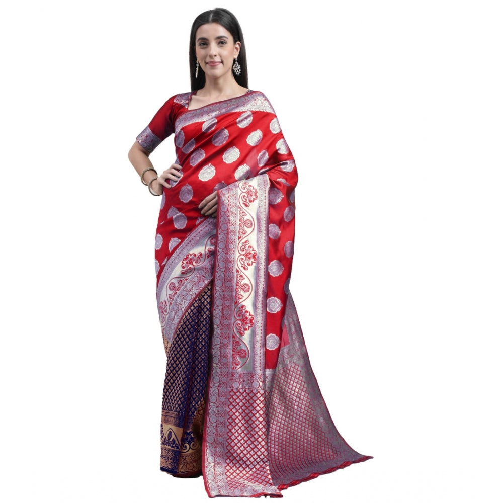 Clasymist Women's Kanjivaram Silk Designer Weaving Saree With Unstitched Blouse (Red &amp; Blue, 5.50 Mtrs)