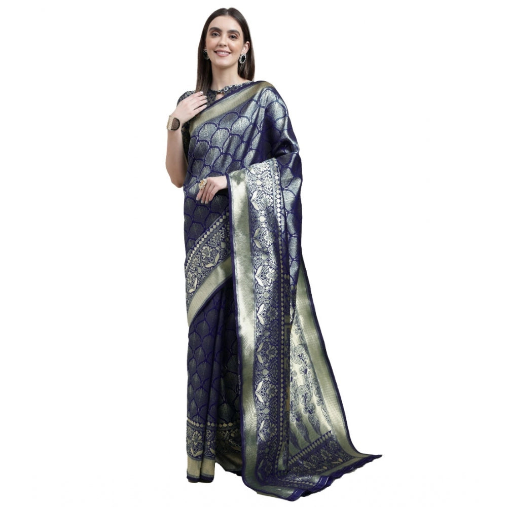 Clasymist Women's Banarasi Silk Designer Weaving Saree With Unstitched Blouse (Blue, 5.50 Mtrs)