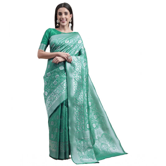 Clasymist Women's Kanjivaram Silk Designer Silver Weaving Saree With Unstitched Blouse (Green, 5.50 Mtrs)