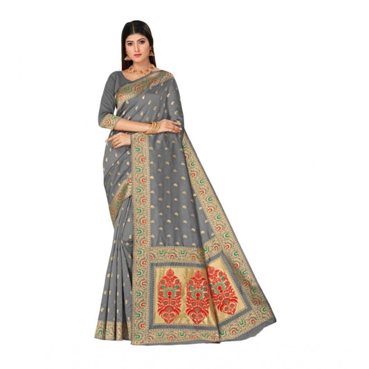 Clasymist Women's Banarasi Silk Designer Weaving Saree With Unstitched Blouse (Grey, 5.50 Mtrs)