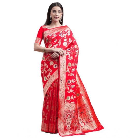 Clasymist Women's Kanjivaram Silk Designer Weaving Saree With Unstitched Blouse (Red, 5.50 Mtrs)