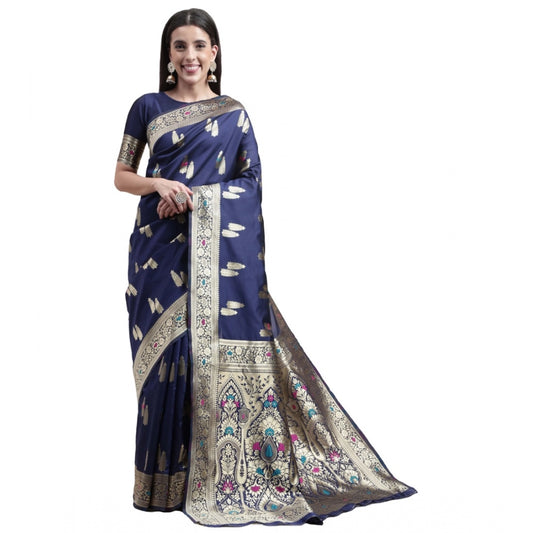 Clasymist Women's Kanjivaram Silk Designer Weaving Saree With Unstitched Blouse (Blue, 5.50 Mtrs)