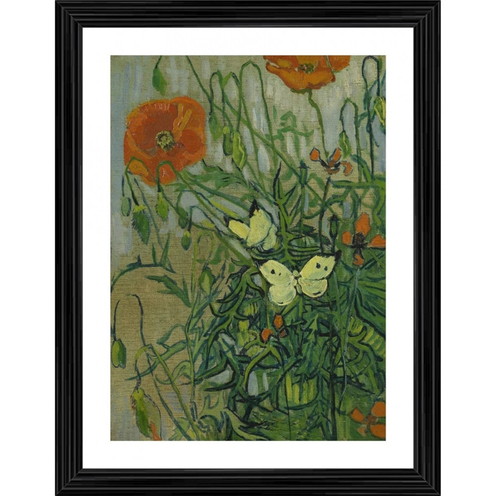 Clasymist Butterflies and Poppies 1889 Painting With Wood Photo Frame (Multicolor)