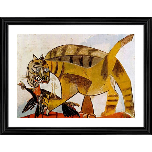 Clasymist Cat Devouring A Bird 1939 Painting With Wood Photo Frame (Multicolor)