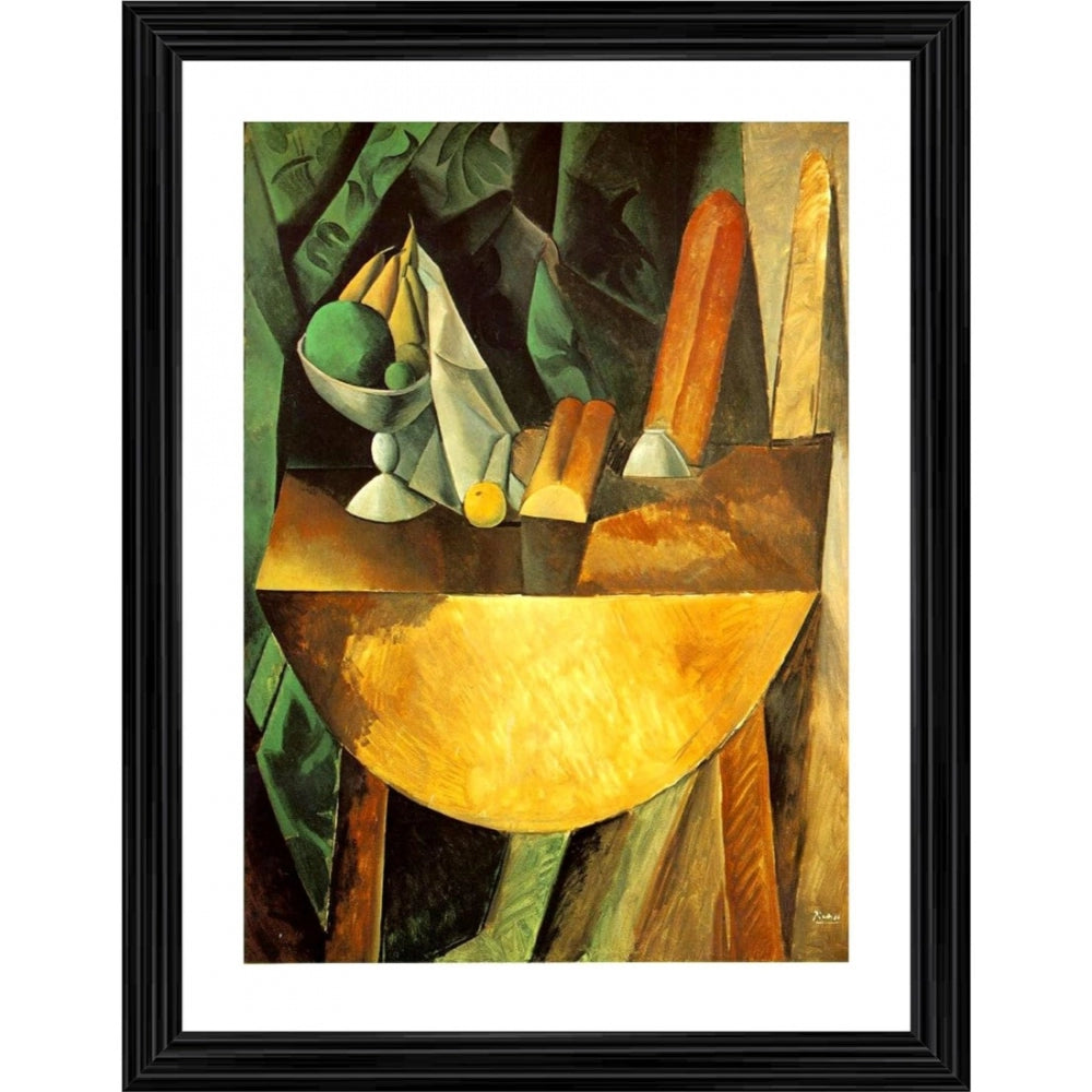 Clasymist Bread and Fruit Dish on a Table 1909 Painting With Wood Photo Frame (Multicolor)