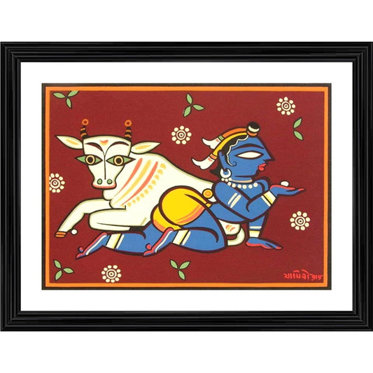 Clasymist Bal Krishna and Cow Painting With Wood Photo Frame (Multicolor)