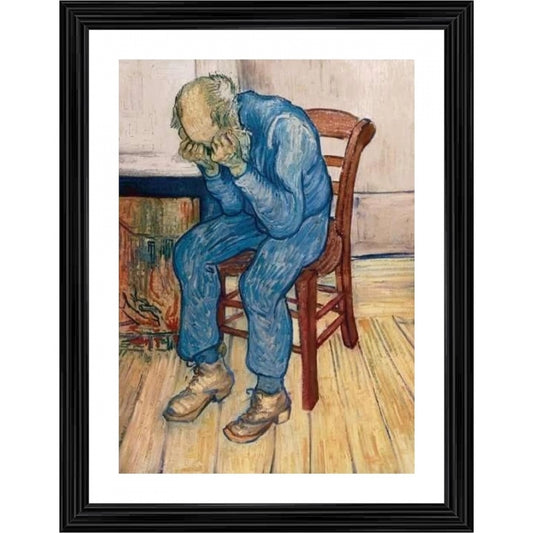 Clasymist Worn Out Old Man in Sorrow 1982 Painting With Wood Photo Frame (Multicolor)