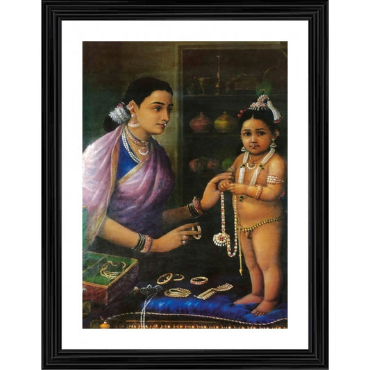 Clasymist Yashoda Bal Krishna with Cow 1879 Painting With Wood Photo Frame (Multicolor)