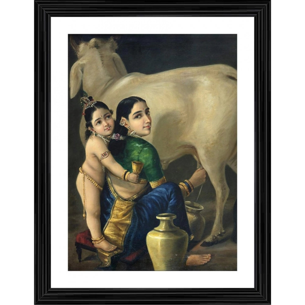 Clasymist Yashoda Bal Krishna with Ornaments 1870 Painting With Wood Photo Frame (Multicolor)