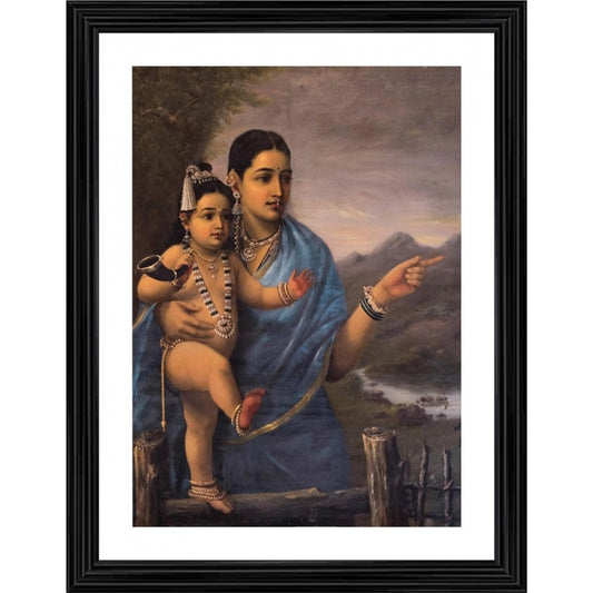 Clasymist Yashoda Pointing out to Balakrishna Cows 1870 Painting With Wood Photo Frame (Multicolor)