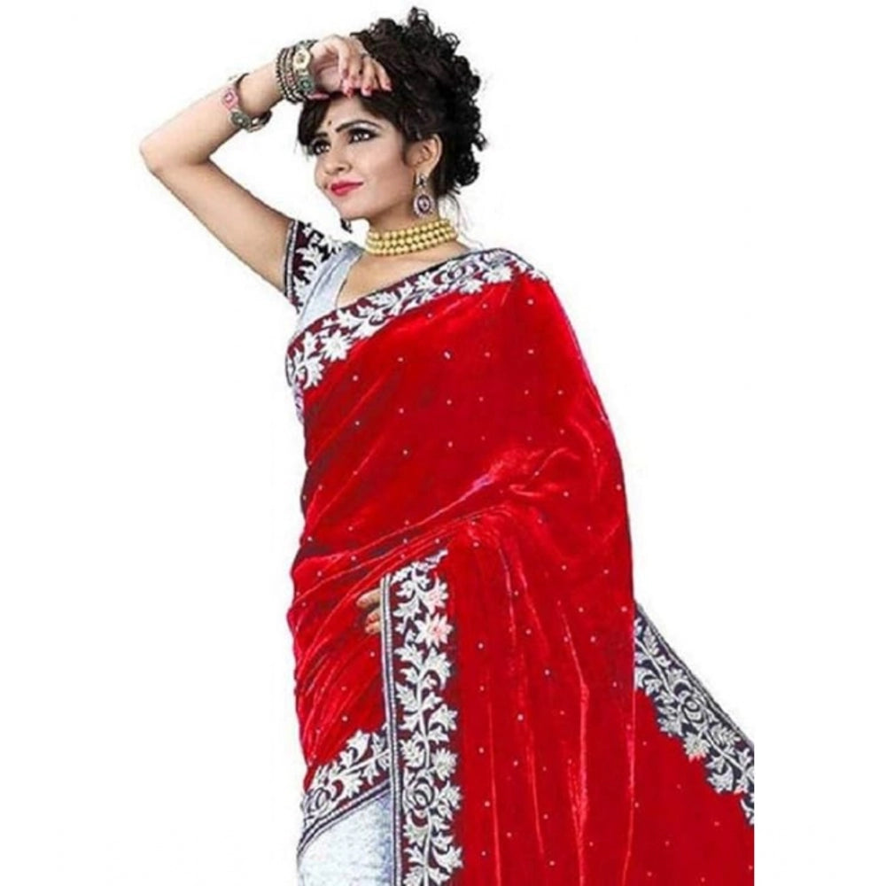 Clasymist Women's Velvet Embroidered Saree With Unstitched Blouse (Red, 5.5 Mtr)