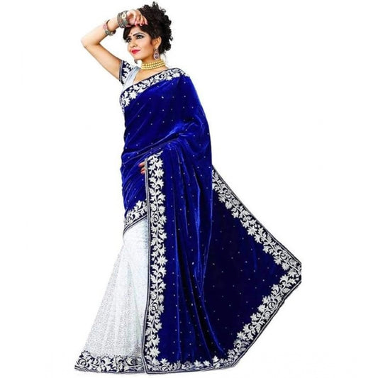 Clasymist Women's Velvet Embroidered Saree With Unstitched Blouse (Blue, 5.5 Mtr)