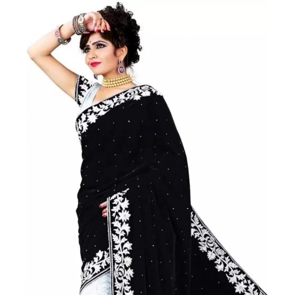 Clasymist Women's Velvet Embroidered Saree With Unstitched Blouse (Black, 5.5 Mtr)