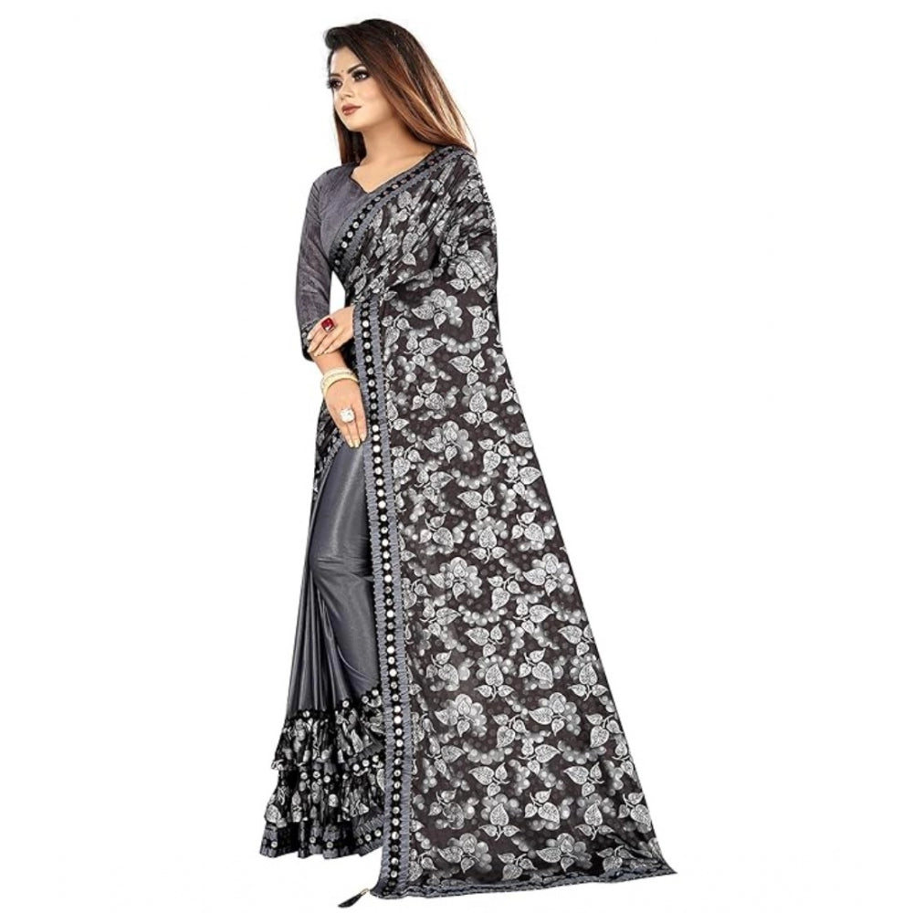 Clasymist Women's Lycra Solid Saree With Unstitched Blouse (Grey, 5.5 Mtr)