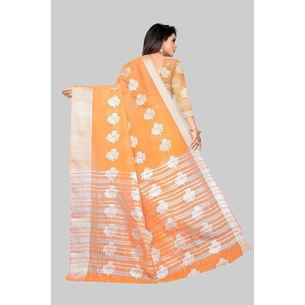 Clasymist Women's Cotton Silk Floral Saree With Unstitched Blouse (Orange, 5.5 Mtr)