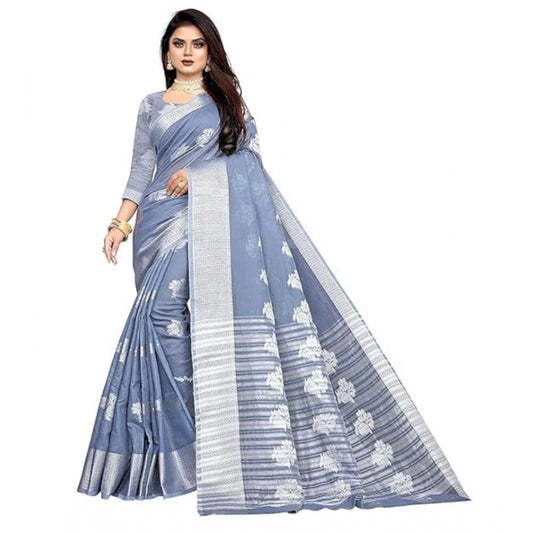 Clasymist Women's Cotton Silk Floral Saree With Unstitched Blouse (Grey, 5.5 Mtr)