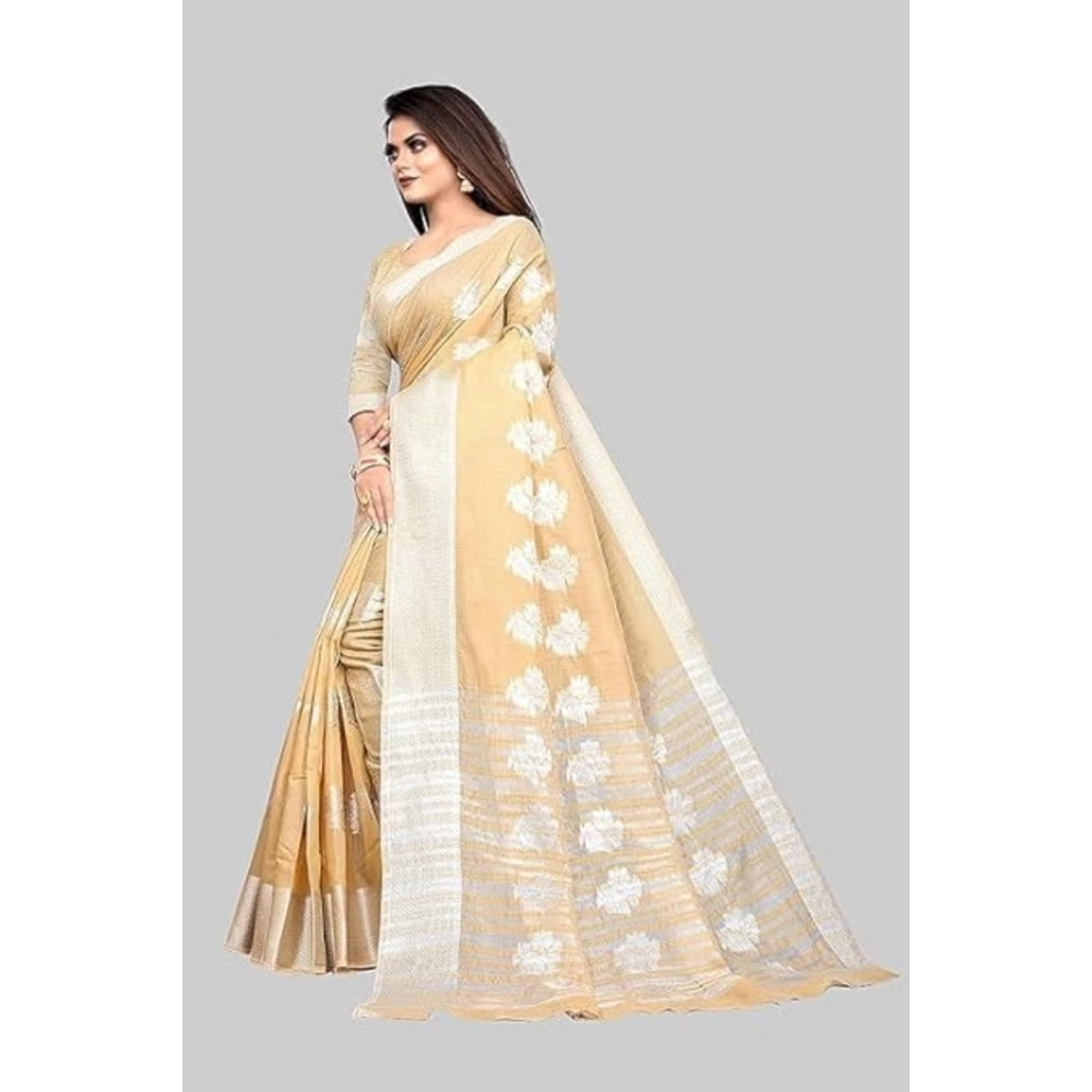 Clasymist Women's Cotton Silk Floral Saree With Unstitched Blouse (Beige, 5.5 Mtr)