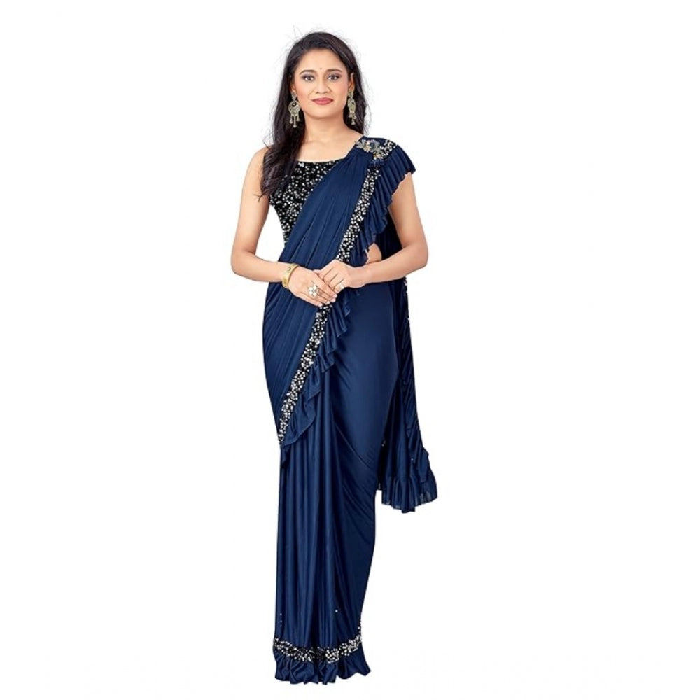 Clasymist Women's Lycra Solid Saree With Unstitched Blouse (Nay Blue, 5.5 Mtr)