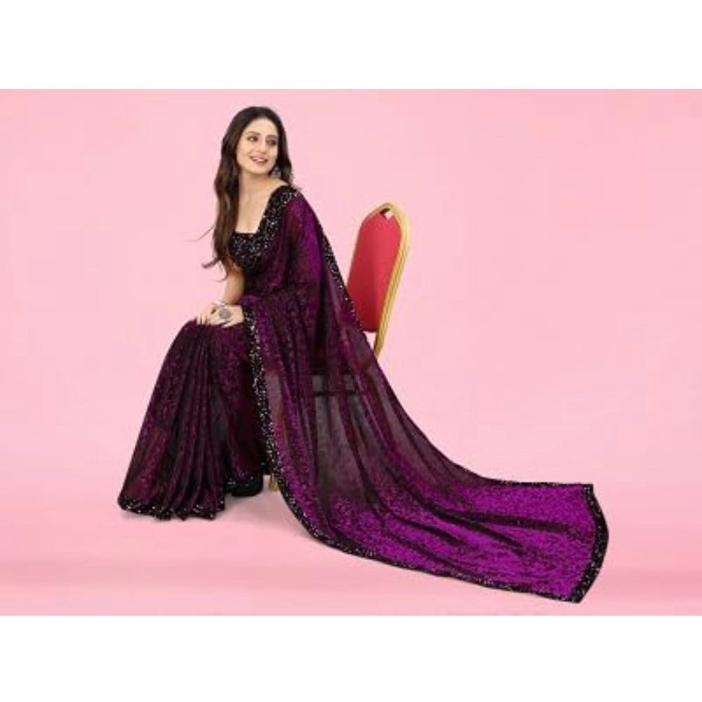 Clasymist Women's Lycra Floral Saree With Unstitched Blouse (Wine, 5.5 Mtr)