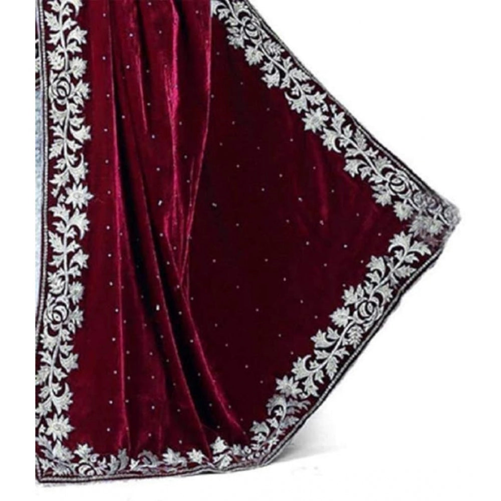 Clasymist Women's Velvet Embroidered Saree With Unstitched Blouse (Maroon, 5.5 Mtr)