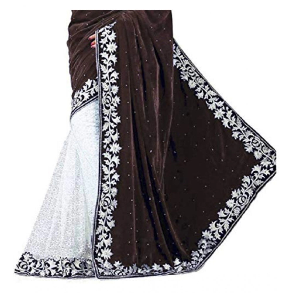 Clasymist Women's Velvet Embroidered Saree With Unstitched Blouse (Brown, 5.5 Mtr)