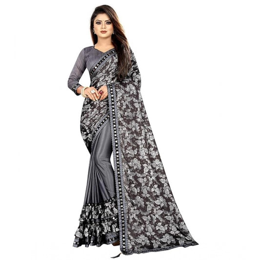 Clasymist Women's Lycra Solid Saree With Unstitched Blouse (Grey, 5.5 Mtr)