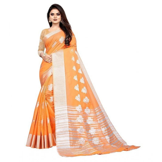 Clasymist Women's Cotton Silk Floral Saree With Unstitched Blouse (Orange, 5.5 Mtr)