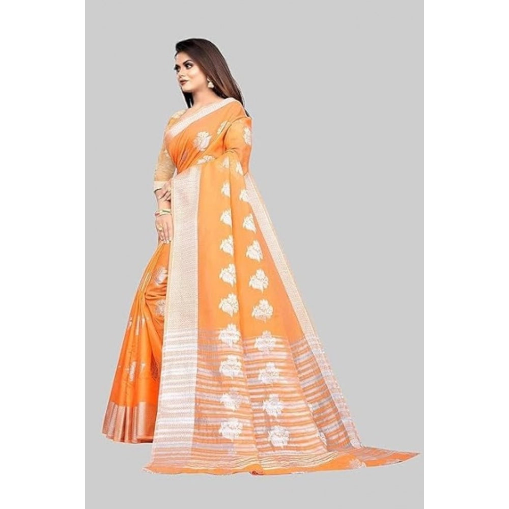 Clasymist Women's Cotton Silk Floral Saree With Unstitched Blouse (Orange, 5.5 Mtr)